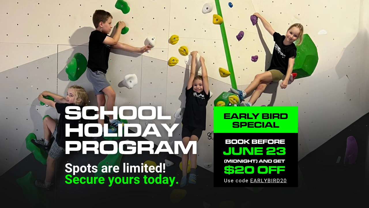 Kids enjoying climbing, games, and activities during a fully supervised school holiday bouldering program at Bould.